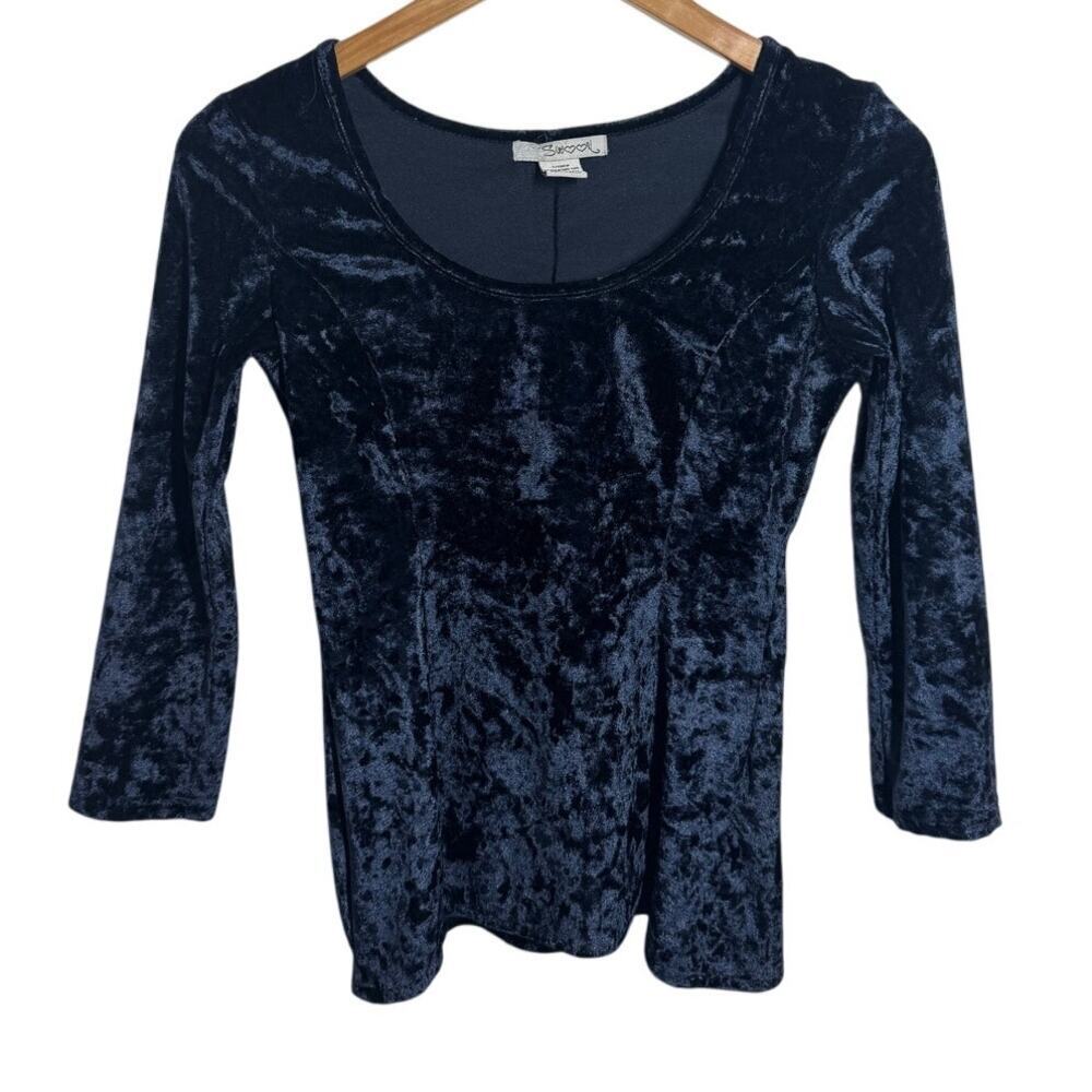 Vintage Y2K Top Women Size S Blue Velvet 3/4 Sleeve Stretch Fitted Bratz Witchy